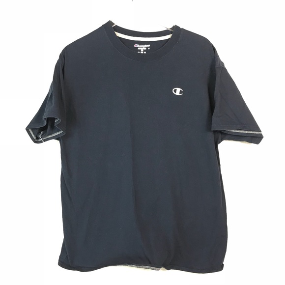navy blue and white champion shirt